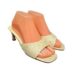 Caparros White Sequin Open Toe Slide On High Heels Mules Women's Size 8B